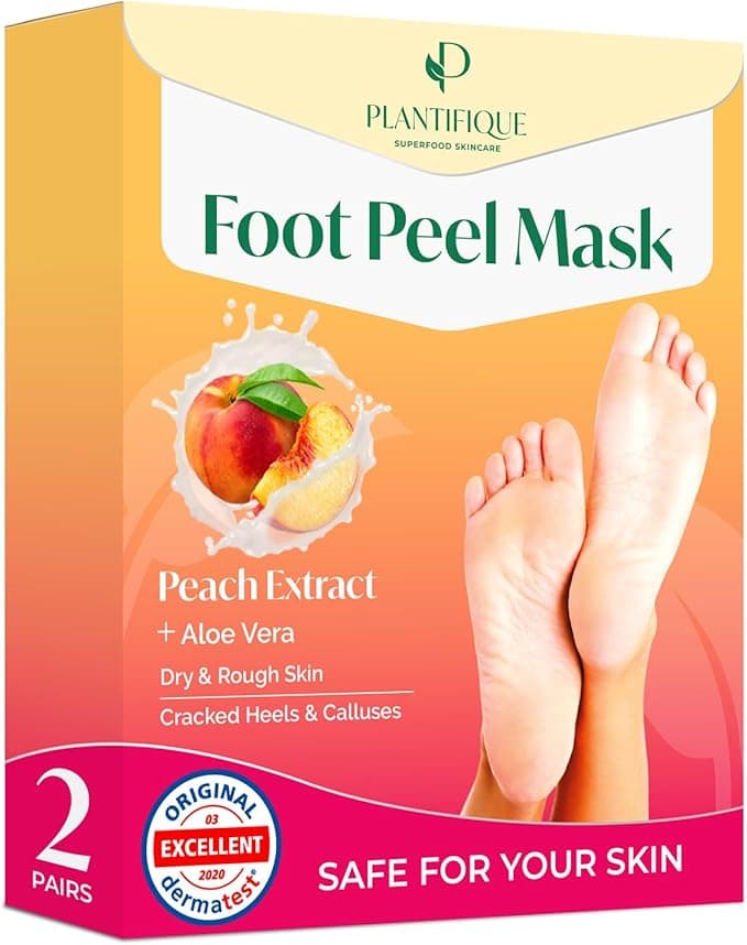 Plantifique Foot Peel Mask 2 Pairs Exfoliating Dermatologically Tested Foot Treatment Removes Dead Skin Repairs Heels for Soft Feet Peach Scent Gift for Women Men