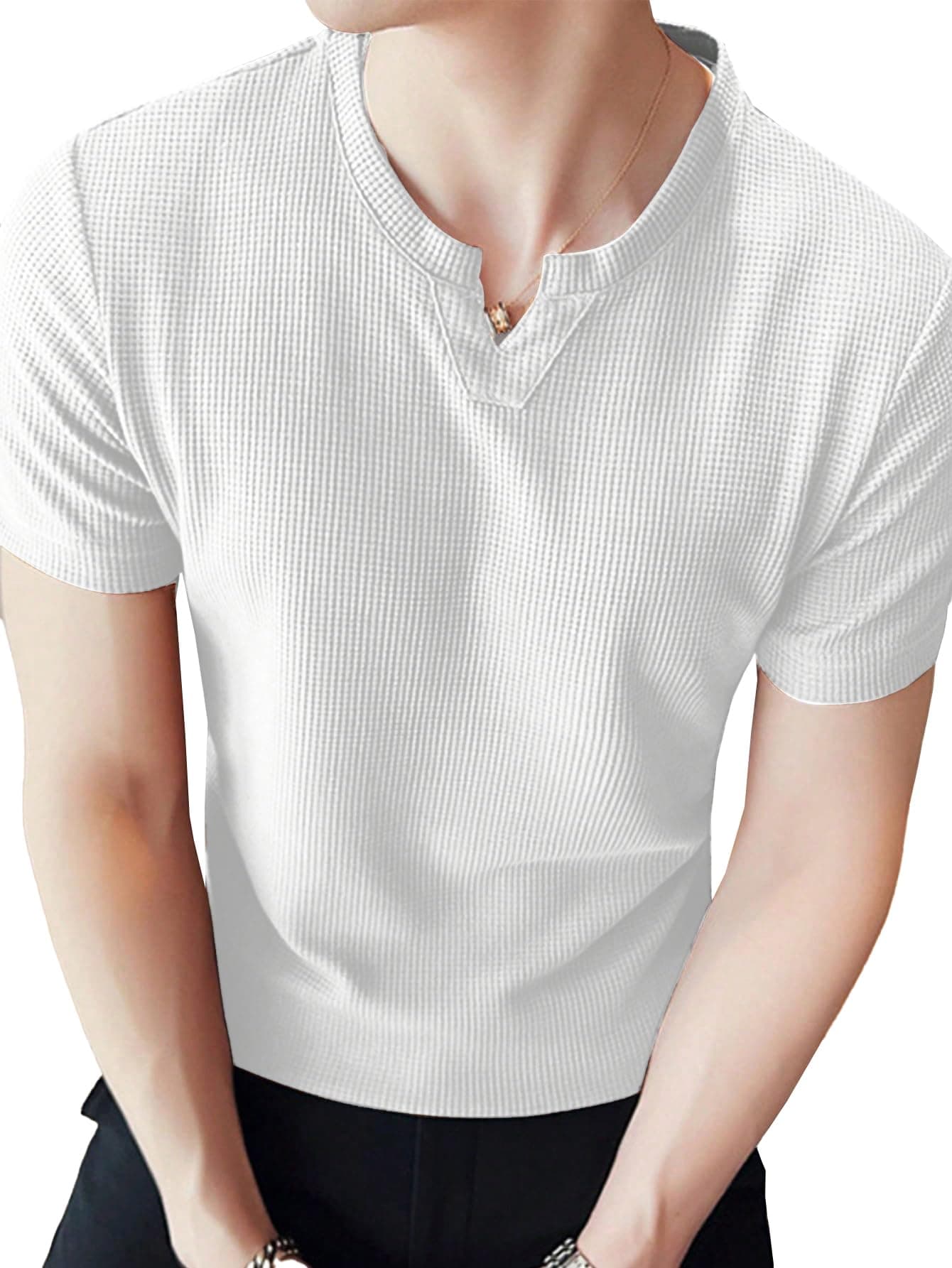 TAGDO® Men's Waffle Knitted V Neck|T Shirt for Man|Waffle|Cotton|Casual| Regular Fit Tees (RF-V-Waffle-2012-White-S)