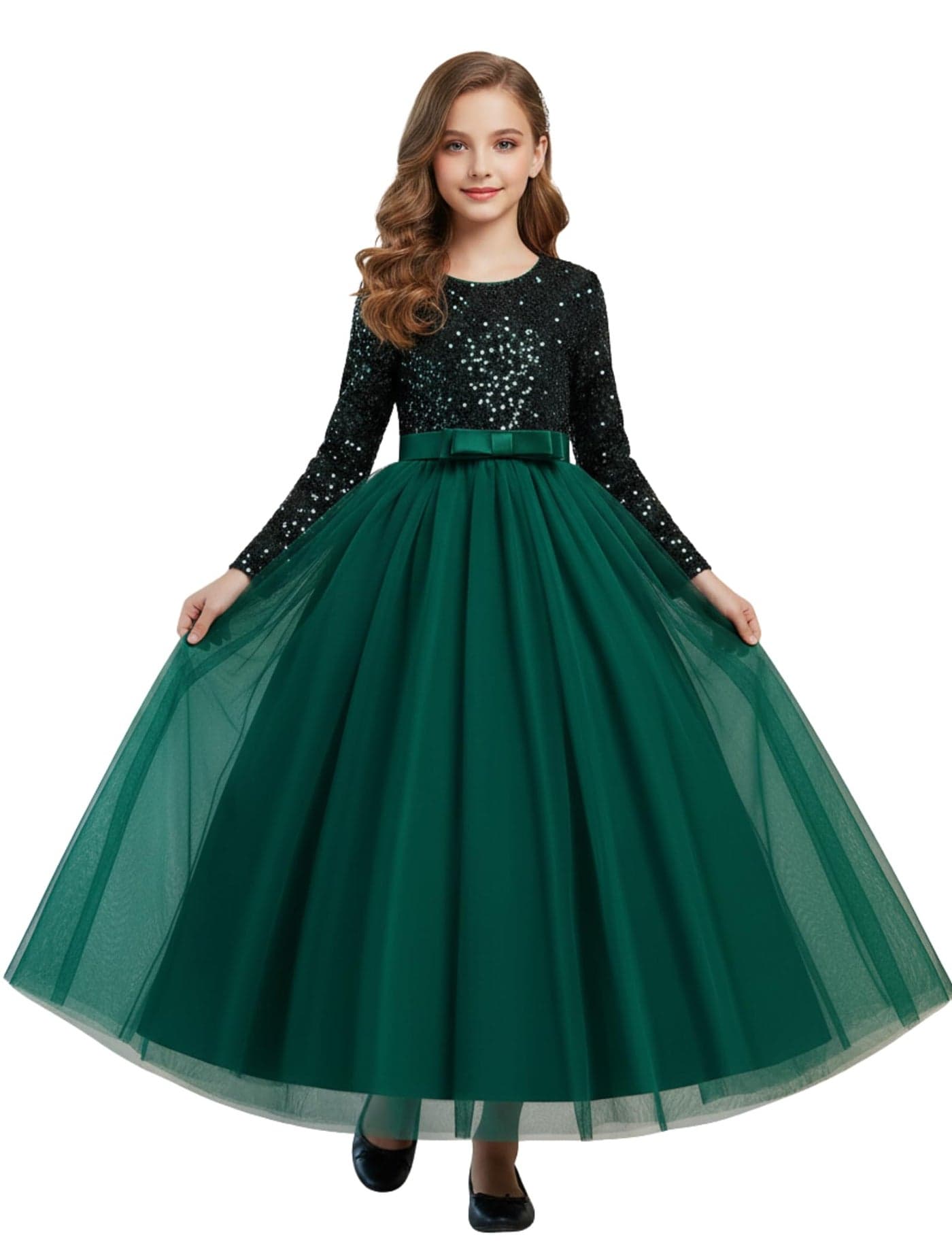 Elegant Emerald Girls' Long Sleeve Sequin Tulle Princess Gown - Perfect for Parties, Weddings, and Festive Occasions, Pack of 1 (Green LAXMI, 4-5Y)