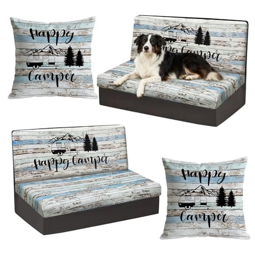 BBSET Rv Dinette Cushion Covers Stretch Washable Rv Cushion Slipcove Replacement for Camper Car Bench, 2 Pillowcase, 2 Backrest and 2 Bench Covers (Light Blue Wooden)