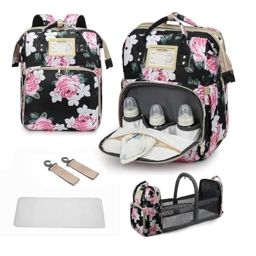 INDIROCKS Diaper Bag Backpack with Changing Station, Foldable Baby Diaper Bags Large Capacity Waterproof USB Charging Port, Mummy Bag for Baby Boy Girl (Black 1)