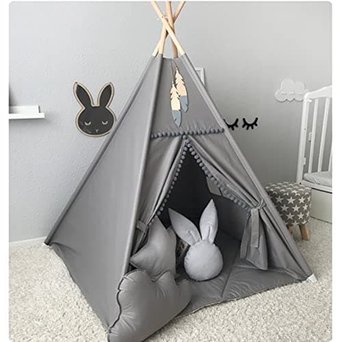 RONGFA Kids Teepee Tent with White Pom Pom Indoor Play Teepee for Children Boys Portable Play House Grey