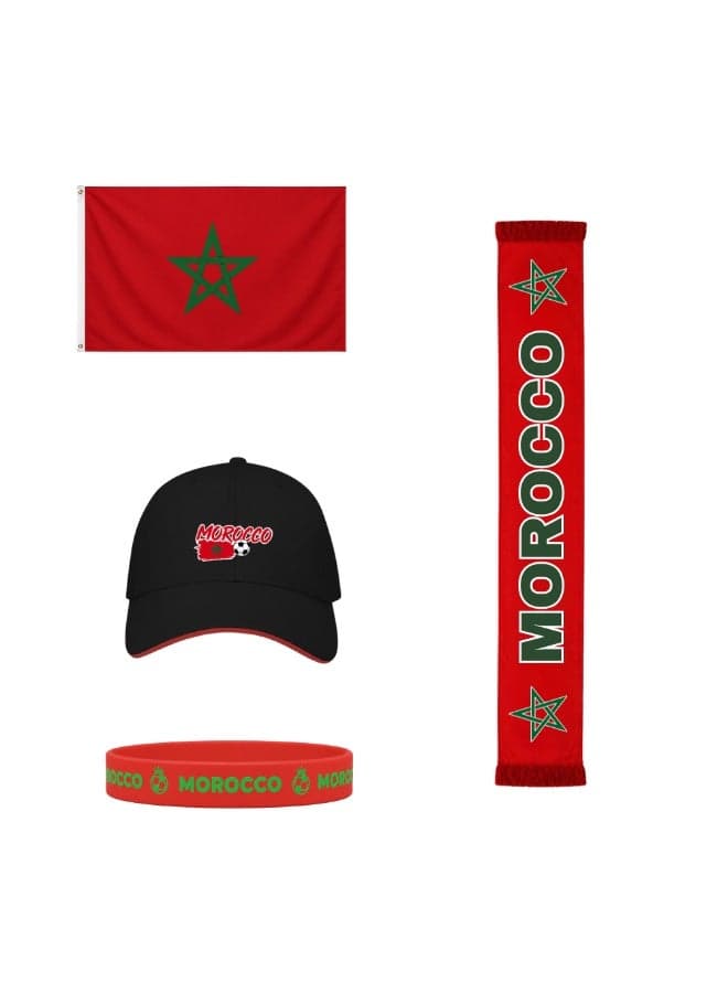Morocco Soccer Sports Combo Pack | Set of 4 | Flag, Scarf, Cap and Silicone Wristband | Adult Unisex Football Match Wear