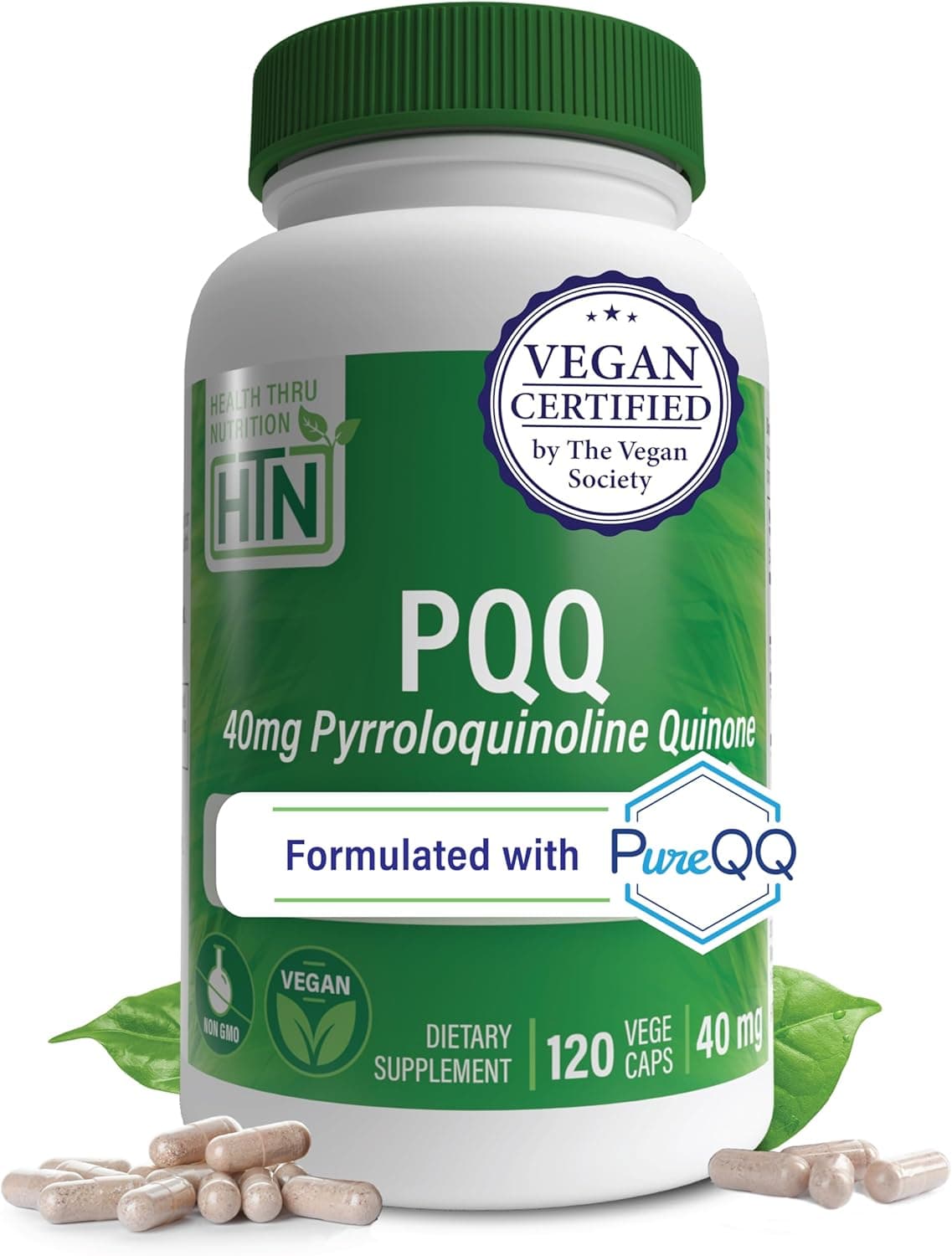 Health Thru Nutrition PQQ 40mg 120 Servings Pyrroloquinoline Quinone as PureQQ Promotes Mitochondrial Biogenesis Certified Vegan NonGMO Gluten Soy Free Capsules Clean Label PQQ Supplement