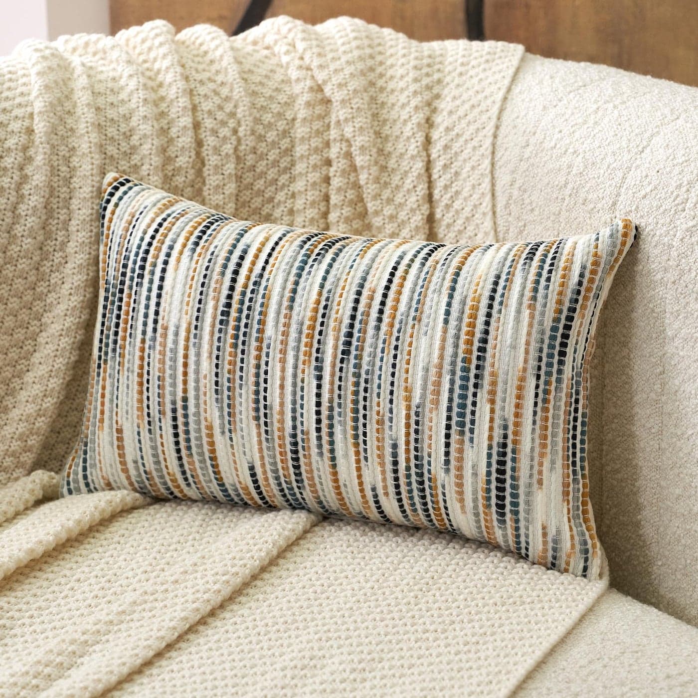 Aeckself Boho Striped Pillow Cover 12x20 Rectangle Decorative Lumbar Throw Pillow Cover Chenille Neutral Pillowcase for Couch Bedroom Living Room Yellow Gray