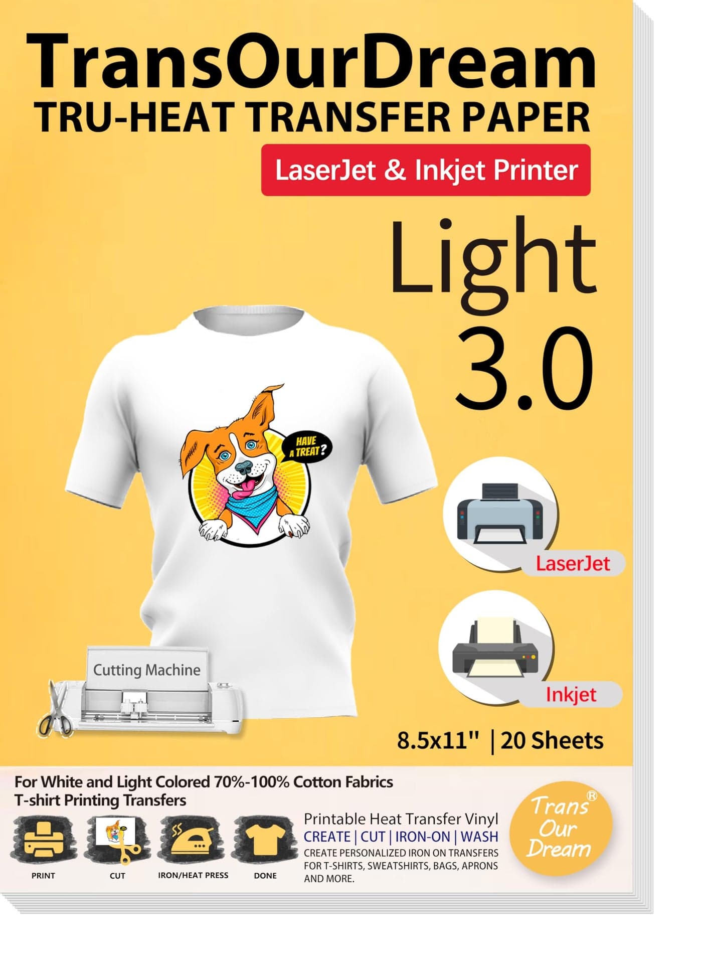 TransOurDream TruHeat Transfer Paper for Inkjet Laserjet Printer 20 Sheets 85x11 30 Printable HTV Heat Transfer Vinyl for T Shirts Iron on Transfers for Light Fabrics TRANSL3120