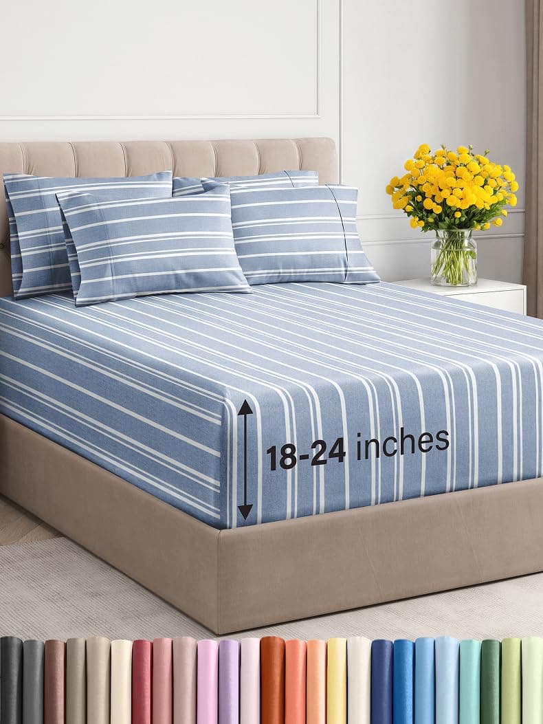 Extra Deep Queen Sheet Set 6 Piece Breathable Cooling Sheets Hotel Luxury Bedding Set w1824 Inch Extra Deep Pockets Easy Secure Fit Soft Wrinkle Free Comfy Blue Stripes Queen Size