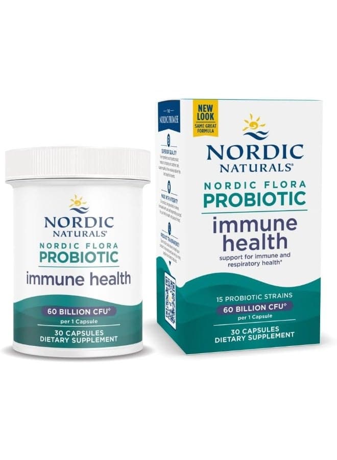 Nordic Naturals Nordic Flora Probiotic Immune Health - 30 Capsules - 15 Probiotic Strains with 60 Billion Cultures - Immune Support, Digestive Health - Vegan - 30 Servings