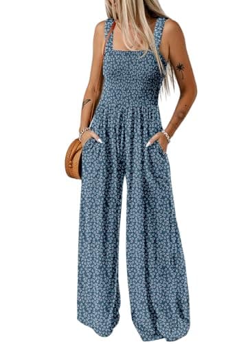 Dokotoo Womens Oversized Blue Jumpsuits for Women Overalls Loose Casual Wide Leg One Piece Sleeveless Printed Jumpsuit Long Pant Rompers with Pockets 2025 Fashion XL