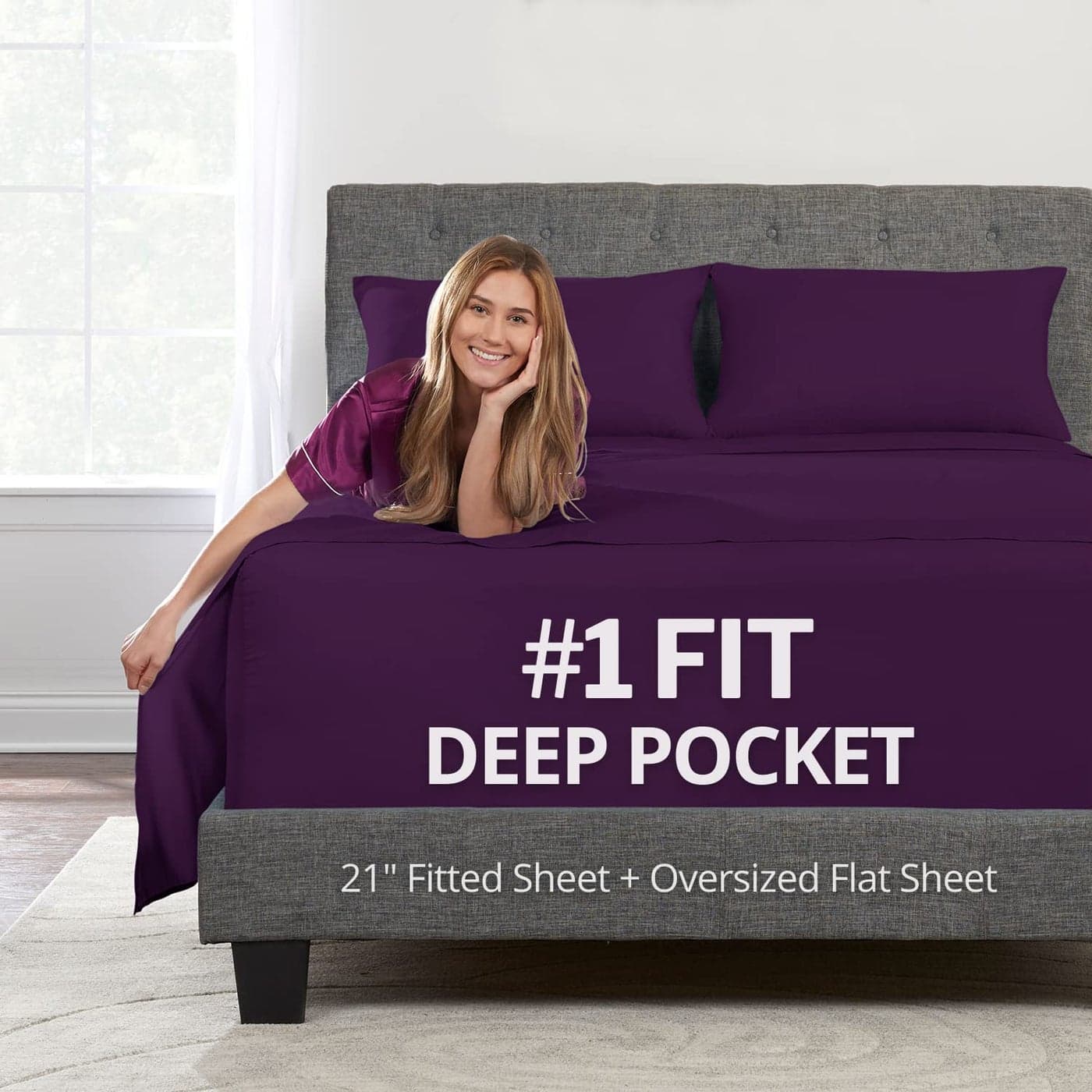 Deep Pocket Queen Sheet Sets 21 Inch Extra Deep Pocket Queen Sheet Sets 4 Piece Bedding Sheets Pillowcases with Oversize Flat Sheet 1823 Pillow Top Sheets for Queen Size Bed Purple