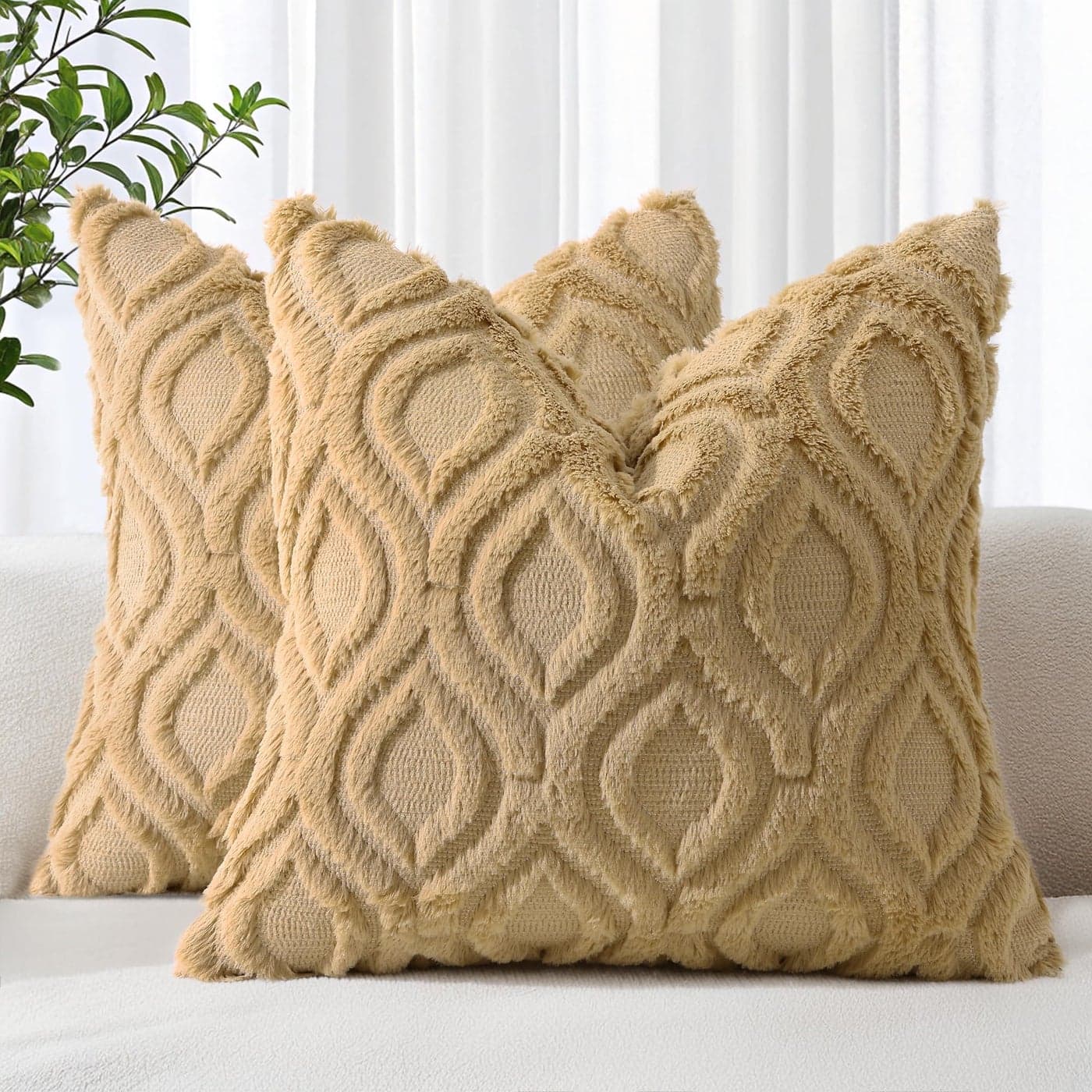decorUhome Throw Pillow Covers 18x18 Inch Set of 2 Soft Plush Faux Wool Khaki Solid Couch Pillow Covers Accent Farmhouse Neutral Square Pillow Cases for Sofa Bed Living Room Home Decor