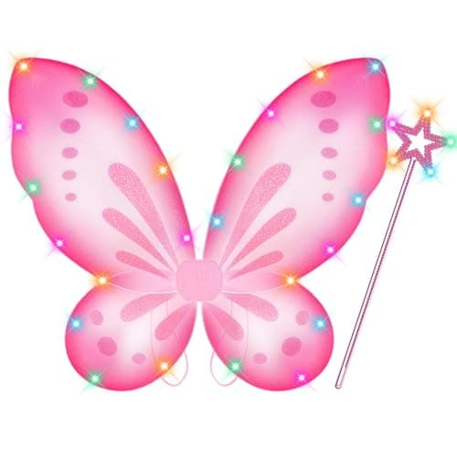 DUDUCOFU Girls Fairy Butterfly Wings with LED Light Fairy Wings Light Up Star Wands for Girls Kids Women Halloween Dress Up Pink