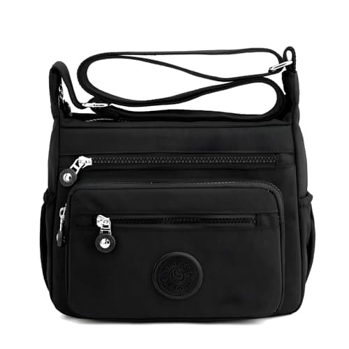 TS WITH TECHSUN Women’s Crossbody Sling Bag For Everyday Use, Nylon Shoulder Bag with Multiple Zipper Pockets, Adjustable Strap, Water Resistant Handbag for Travel, Shopping, College (Black)