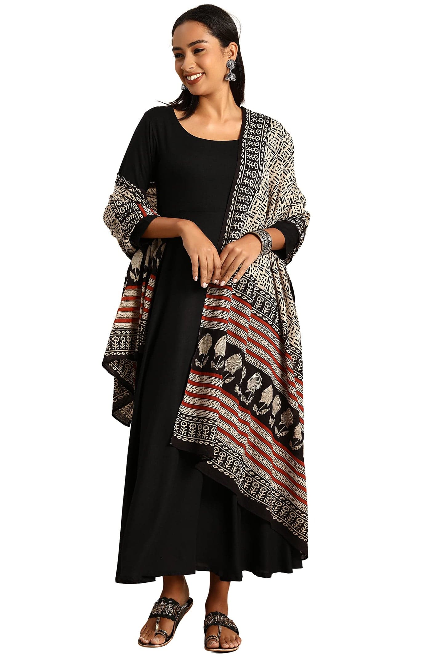 Janasya Women Black Rayon Kurta Dupatta Set with Solid Print Outfit for Women