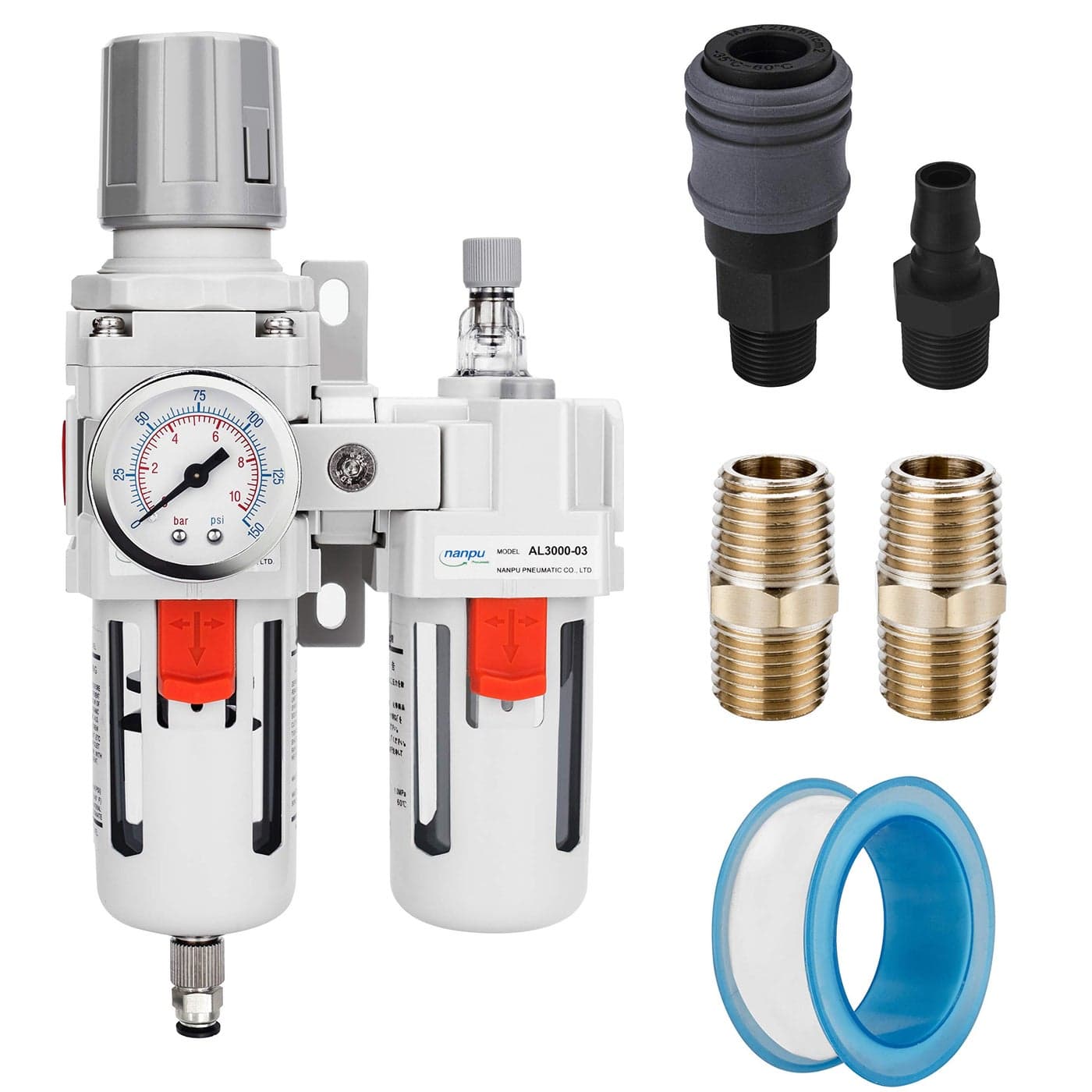 NANPU 38 NPT Compressed Air Filter Regulator Lubricator Combo WaterOil Trap Separator Gauge0150 psi Poly Bowl SemiAuto Drain Bracket 3 in 1 Two Unit