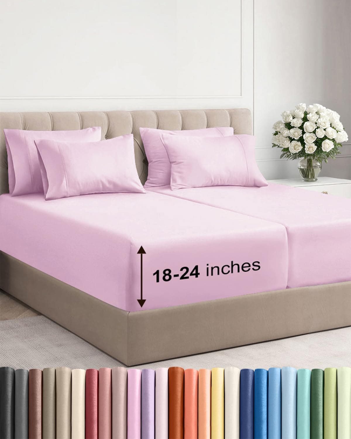 Extra Deep Split King Sheet Set 7 Piece Breathable Cooling Sheets Hotel Luxury Bed Sheets Set Easy Fit Soft Wrinkle Free Comfy Sheets Set Light Pink Sheet Set with Extra Deep Pockets