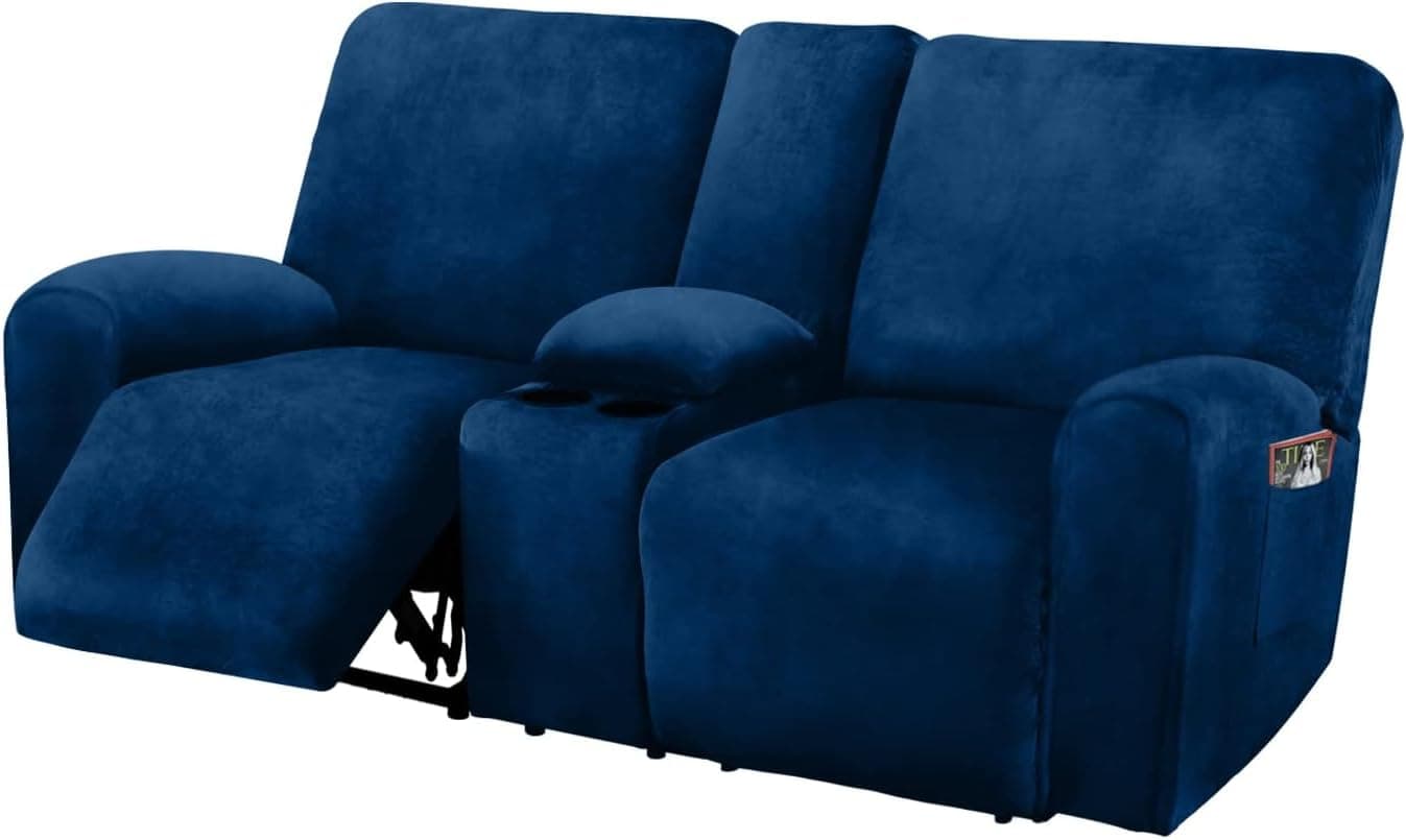 ULTICOR Reclining Love Seat with Middle Console Slipcover, 8-Piece Velvet Stretch Loveseat Reclining Sofa Covers, 2 seat Loveseat Recliner Cover, Thick, Soft, Washable, Loveseat Slipcovers (Navy)
