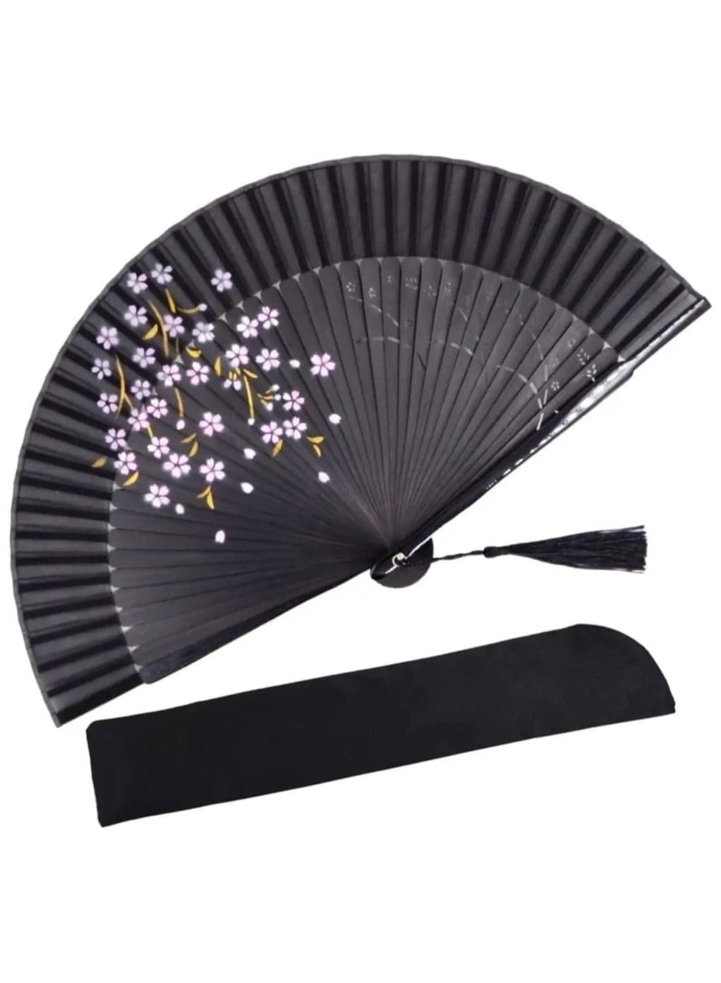 Hand Held Bamboo Silk Folding Fan Hand Fan, Chinese Japanese Charming Elegant Vintage Retro Style for Dancing Cosplay Wedding Party Props Decoration and Women Ladys Girls Best Gifts (Black, 8.27 Inch)
