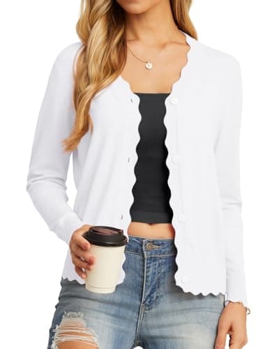 GRECERELLE Women's Long Sleeve Button Down Cardigan V-Neck Fall Shrug Sweaters(White, Medium)