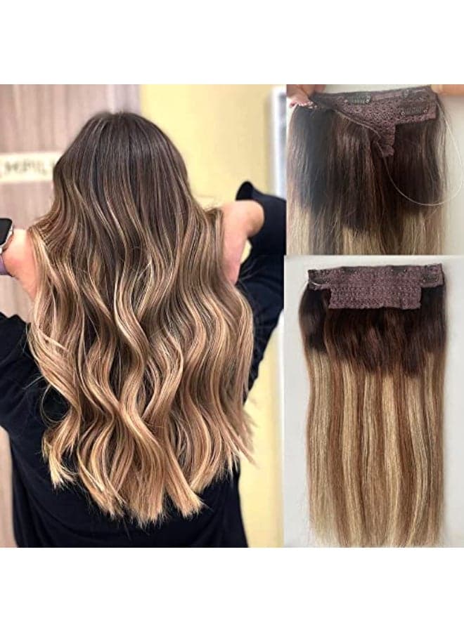 Wire Hair Extensions Halos Hair Extensions Ombre Dark Brown to Chestnut Brown to Dirty Blonde Highlights Hairpiece Balayage Real Human Hair with Transparent Invislble Fish Line