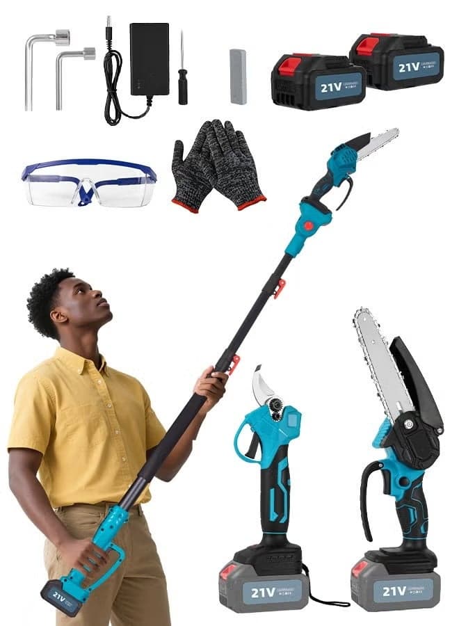 3 in 1 Cordless Electric Pruning Shears & Chainsaw Kit 21V Dual Batteries 2M Telescopic Pole Mini Chainsaw Garden Shears Cordless Garden Scissors Tools