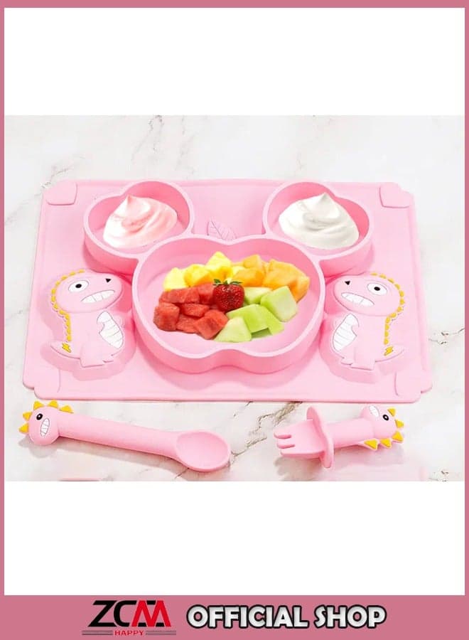 3-Piece Baby Silicone Bear-Shaped Plate and Dino Spoon Set – Fun, Safe and Easy to Clean