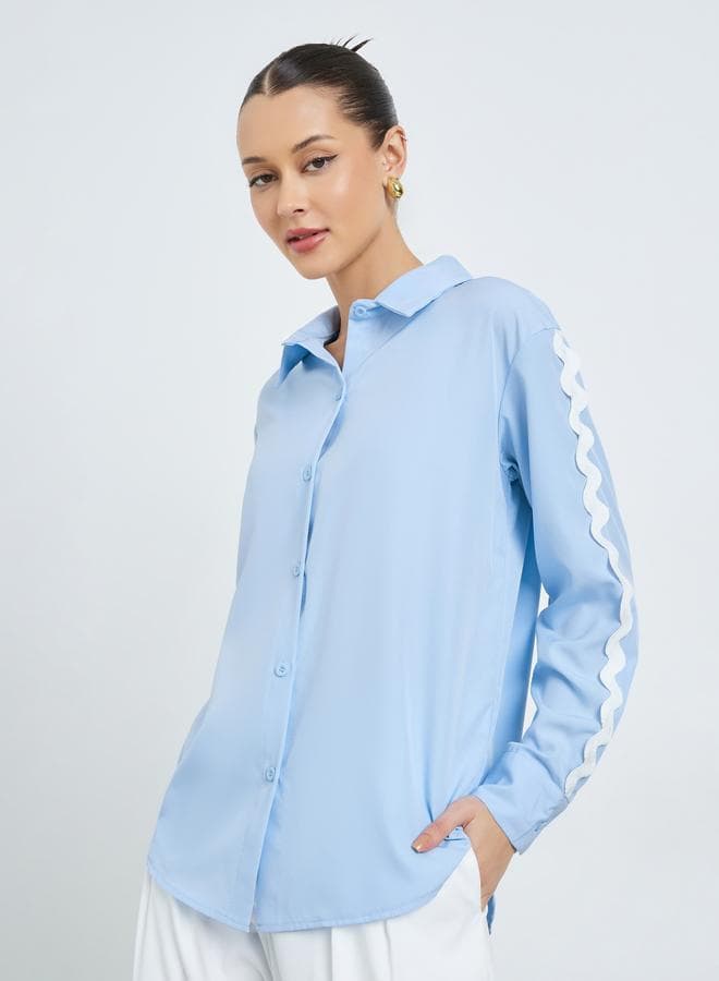 Blue Oversized Shirt with Lace Trim Detail