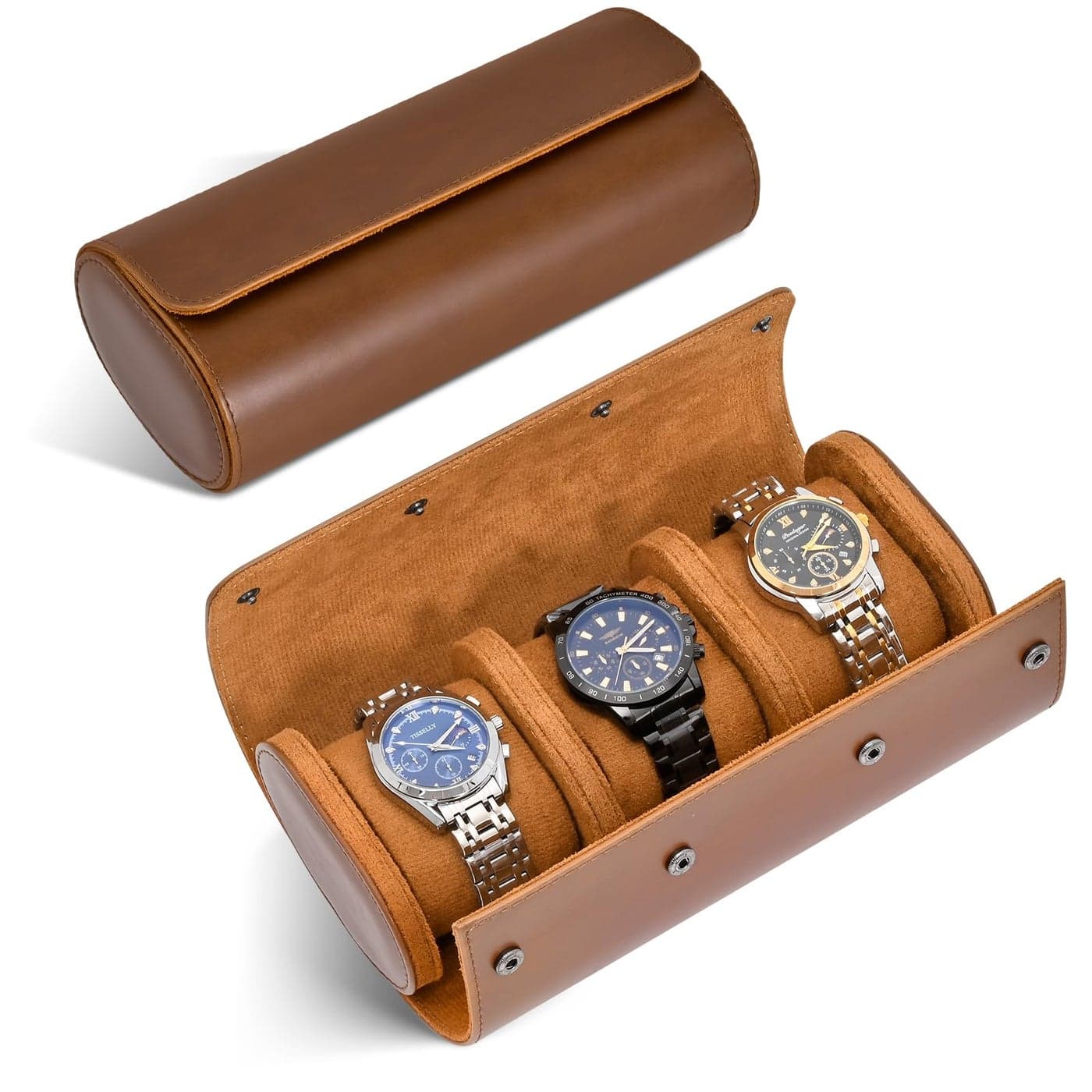 ROSELLE Watch Roll Travel Case for Men and Women 3 Watch Storage and OrganizerSecure Storage with Innovative Removable Pillows Solid Dividers for Home Travel and DisplayBrown