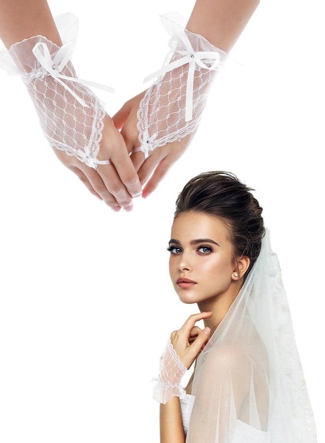 1 Pc Elegant Sheer Lace Fingerless Gloves with Bow & Rhinestone, Mesh Bridal Gloves for Women & Girls, Suitable for Wedding, Bridesmaid, Banquet, Prom, Tea Party, Masquerade, Halloween & Funeral