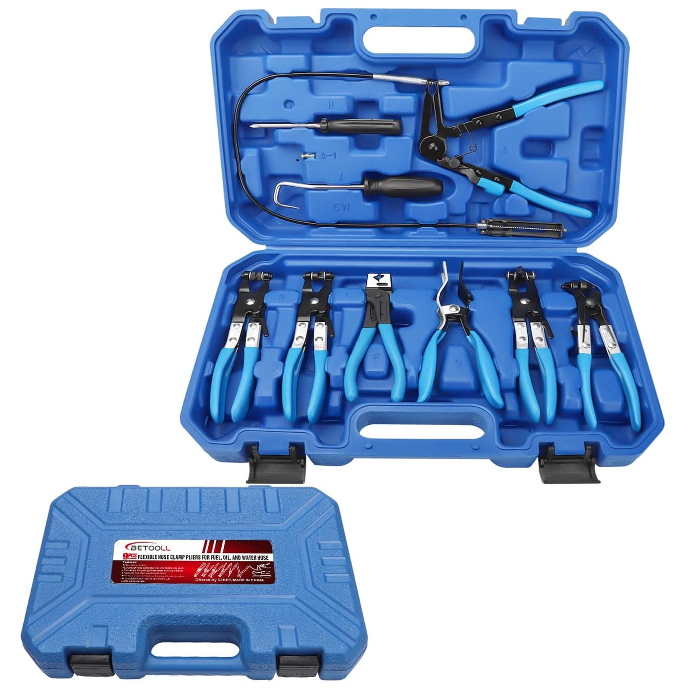 BETOOLL 9pc Hose Clamp Pliers Professional Automotive with Flexible Wire Long Reach Clic R Type Swivel Jaw and Flat Band Pliers for Coolant Radiator HeaterWater Hose Blue