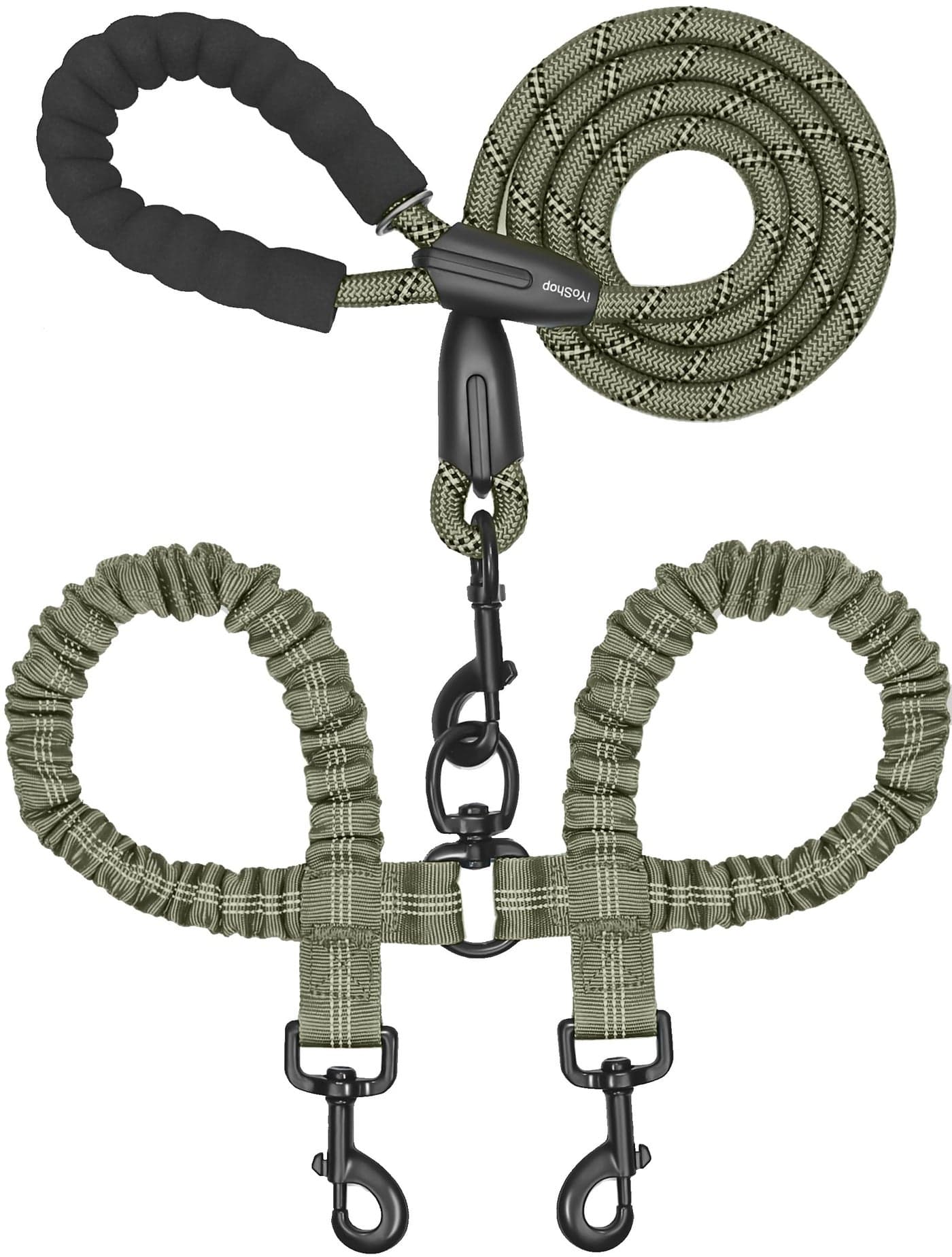 iYoShop Dual Dog Leash - 360° Swivel, No Tangle Walking Leash with Shock Absorbing Bungee for Two Dogs (Medium, 8-35 lbs, Military Green)