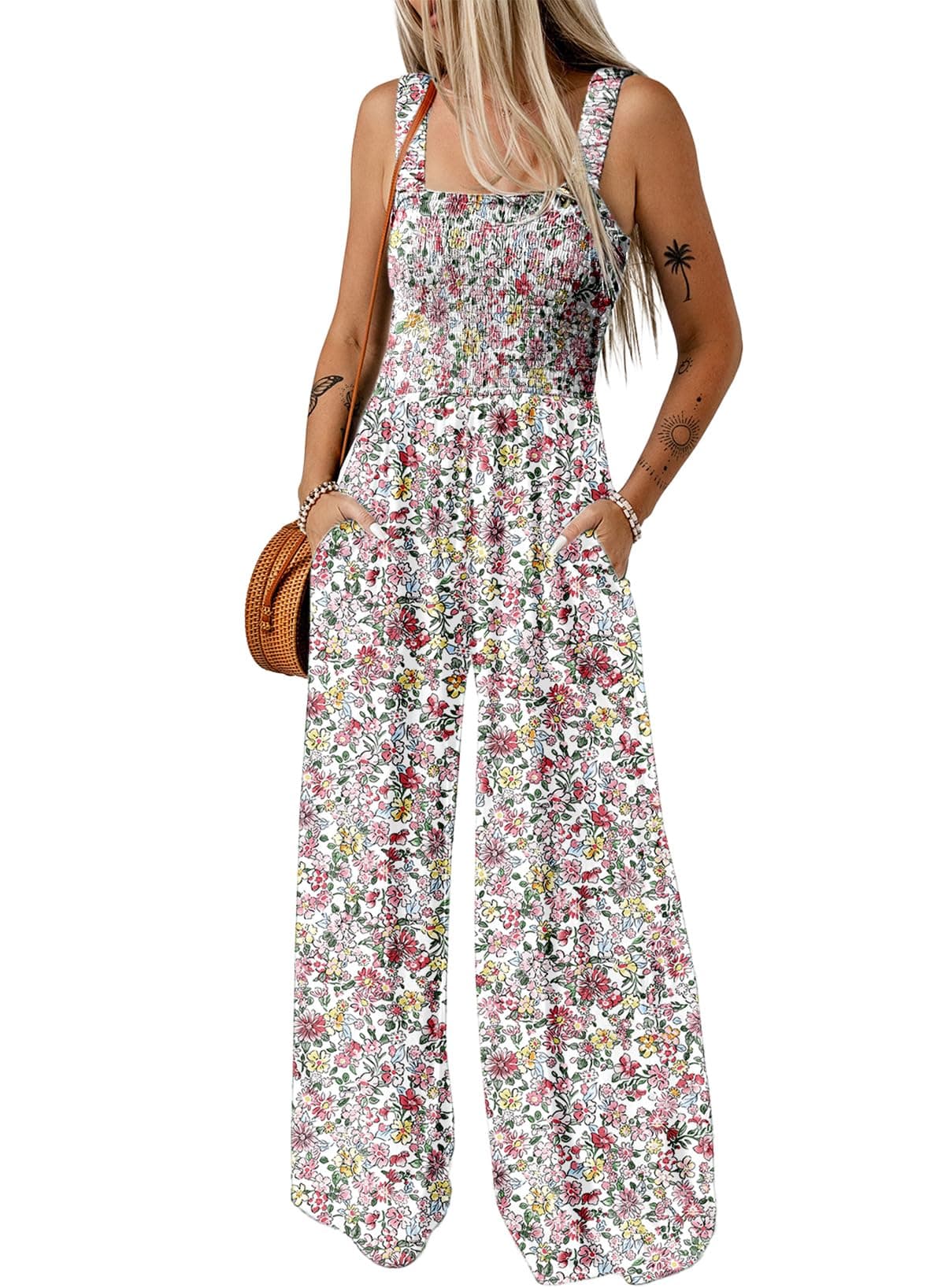 Dokotoo Womens Oversized Light Pink Jumpsuits for Women Overalls Loose Casual Wide Leg One Piece Sleeveless Printed Jumpsuit Long Pant Rompers with Pockets XX-Large