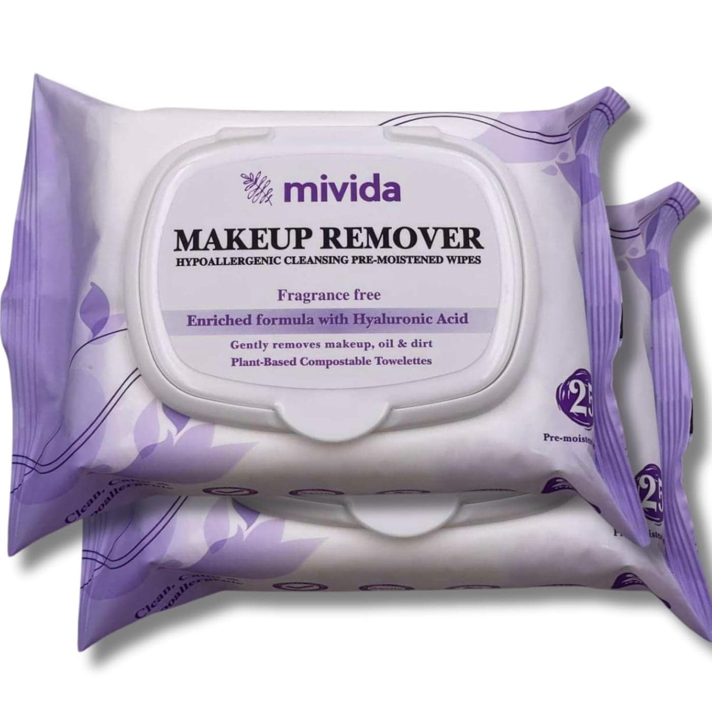 mivida Hypoallergenic Makeup Remover Wipes 2 Pack of 25 Count Biodegradable Facial Cleansing Makeup Remover Face Wipes with Hyaluronic Acid Fragrance Free Alcohol Free Plant Based Wipes