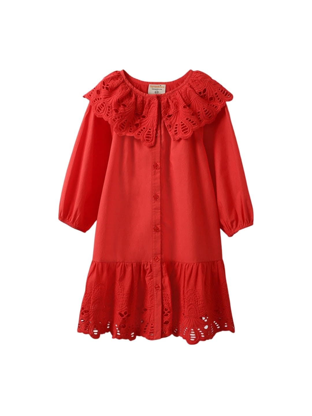 SPUNKIES Cotton Girls Dress - A-Line Knee Length Lacey Kids Dress with 2/3rd Sleeves - Kids Summer Wear for Girls - 8-9Y (Red)