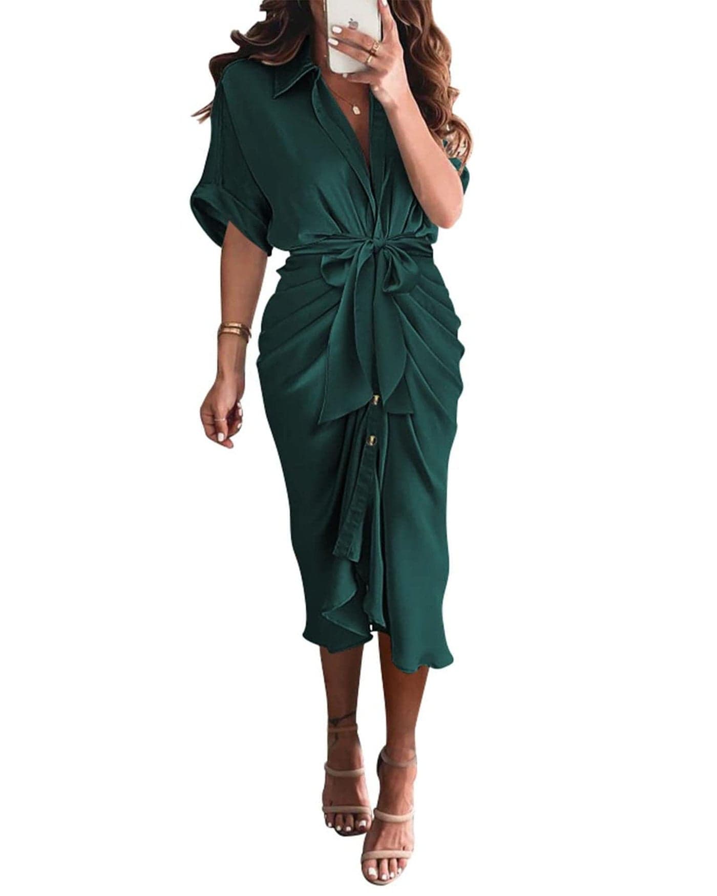 BTFBM Women Button Down Ruched Shirt Dresses Satin Short Sleeve Lapel V Neck Summer Maxi Dress 2025 Party Wedding Guest(Dark Green, X-Large)