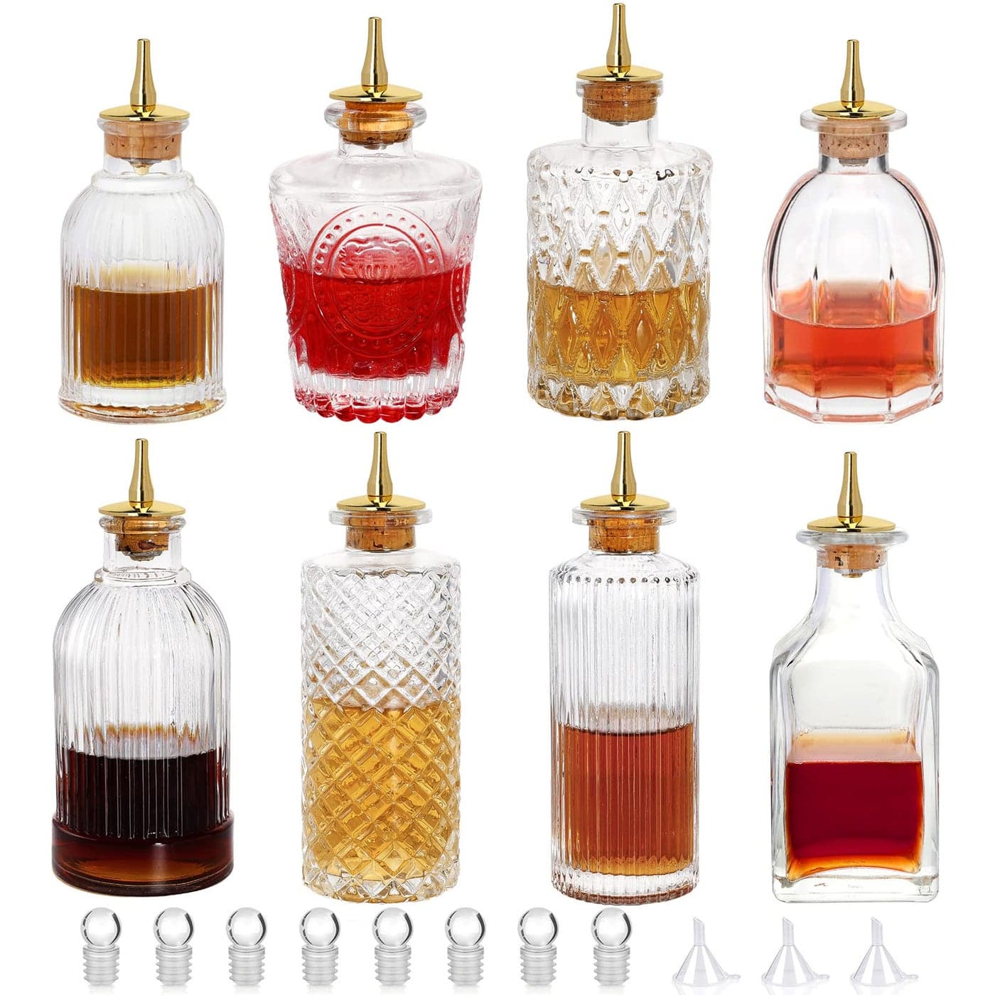 SuproBarware GLass Bitters Bottle 8pcs Set for Cocktail with Zinc Alloy Dasher Top for Cocktail and Display 8pcs