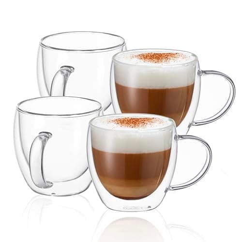 CNGLASS 8.5oz Glass Coffee Mug,Double Wall Insulated Glass Mugs with Handle,Clear Espresso Mugs for Latte,Cappuccino,Tea Bag,Set of 4