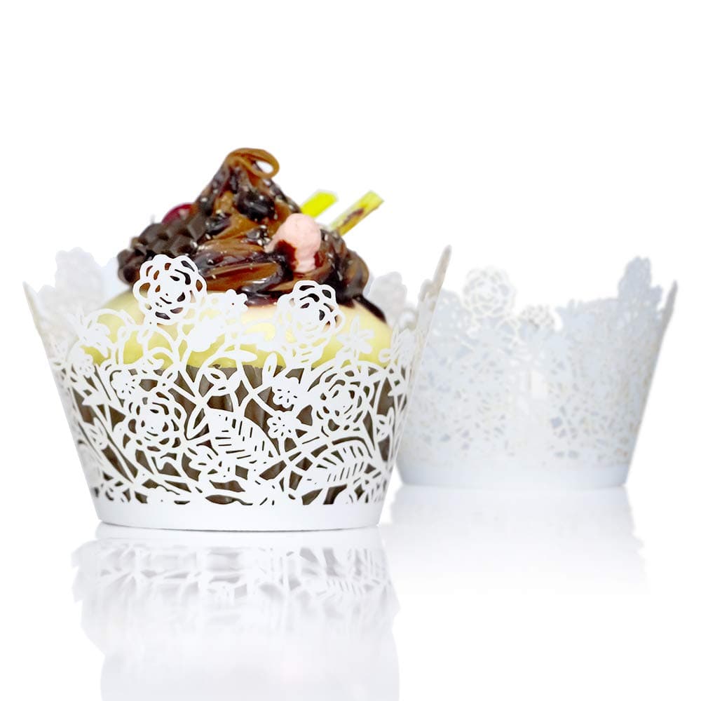 YOZATIA 60pcs White Rose Lace Cupcake Wrappers Holders Laser Cut Cupcake Liners Decorative Liners for Wedding Party Birthday Cake Decoration Supplies