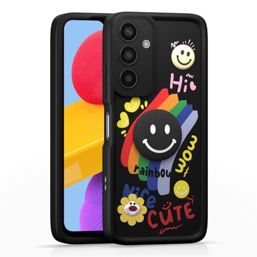 Outlouders Back Cover for Samsung Galaxy M13 4G | Cute Rainbow Smile 3D Cartoon Flower | Soft Silicone Raised Camera Protection Bumper Case (Black)