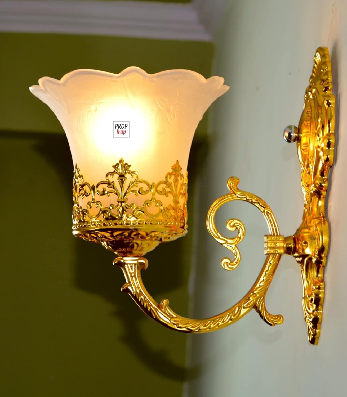 Prop It Up Portuguese Style Gold Finished Wall Mounted Up Dawn Both Side Usable Led Night Lamp Light with Frosted Glass Shade with Crawn for Single Bulb Gold Wall Light Single 1