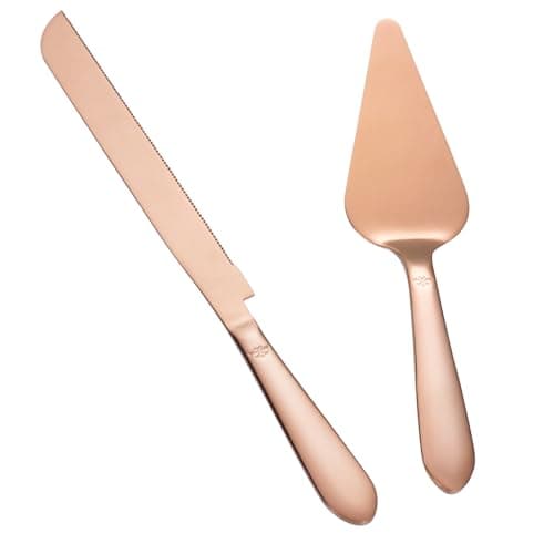 Wedding Cake Knife and Server Set Integral Stainless Steel Longer Cake Cutter and Wider Pie Spatula Elegant Cake Cutting Serving Set for Party Birthday Christmas Bridal Shower Set of 2 Rose Gold