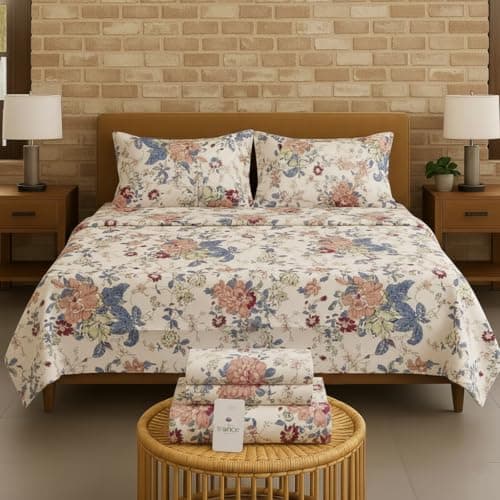 Trance Home Linen Skin Friendly 100% Cotton Printed Flat Bedsheet for Queen Size Bed with 2 Pillow Cover - Premium 180TC (86 x 104 Inch, Spring Foliage)