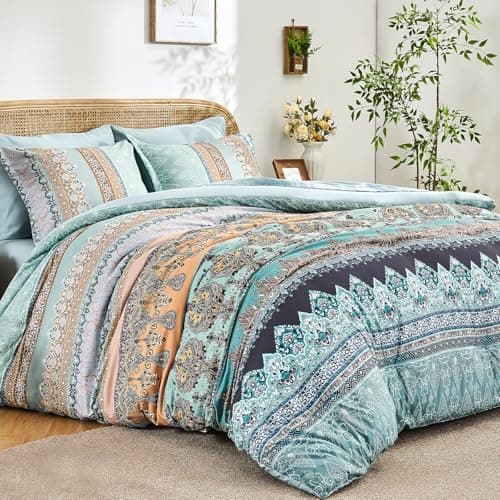 LXWORX Boho Comforter Set King Size Sage Green - 7 Pieces Bohemian Floral Striped Comforter and Sheet Set, Soft Bed in a Bag Complete Bedding Sets King Size for All Season (Sage Green,King)