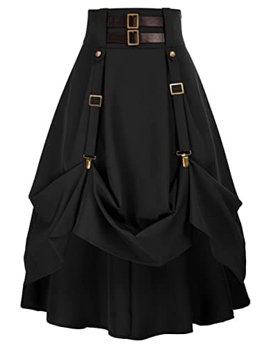 Pirate Skirt for Women Goth Steampunk Skirt High Waist Midi A-Line Medieval Skirts with Pockets Black M