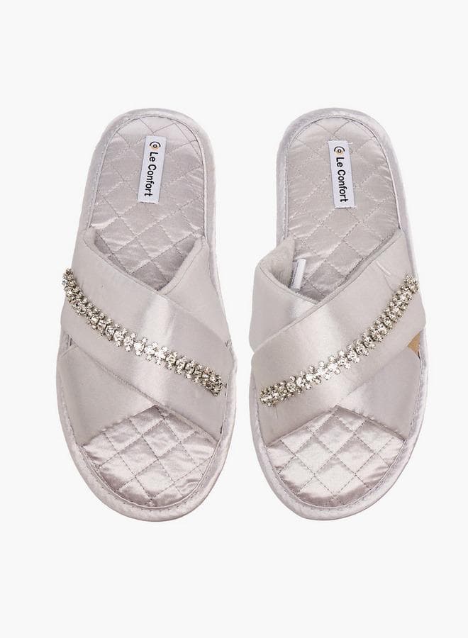 Women Satin Stone Embellished Bedroom Slides