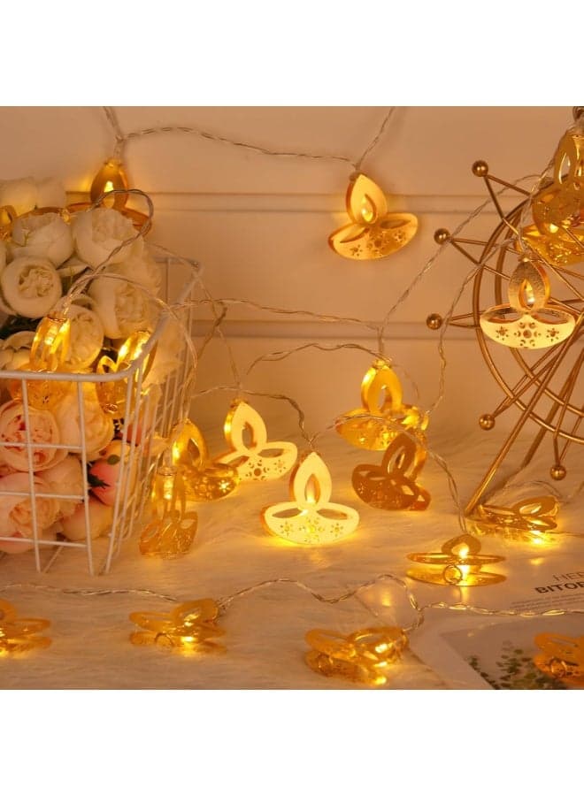 Festive Diya Lamps – 165cm (64.96 in) LED String Lights, Golden Indian Oil Lamp Design, Battery-Free Decoration for Diwali, Weddings & Parties