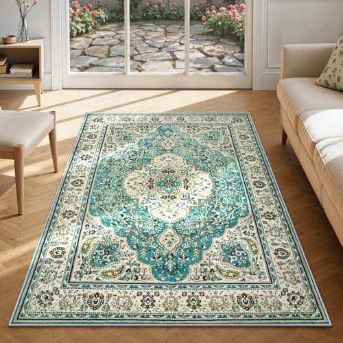 Lahome Felice Floral Medallion Area Rug - 4x6 Bedroom Bathroom Distressed Rug Soft Non-Slip Washable Low-Pile Nursery Mat, Turkish Indoor Accent Floor Carpet for Entry Coffee Table Office Camper
