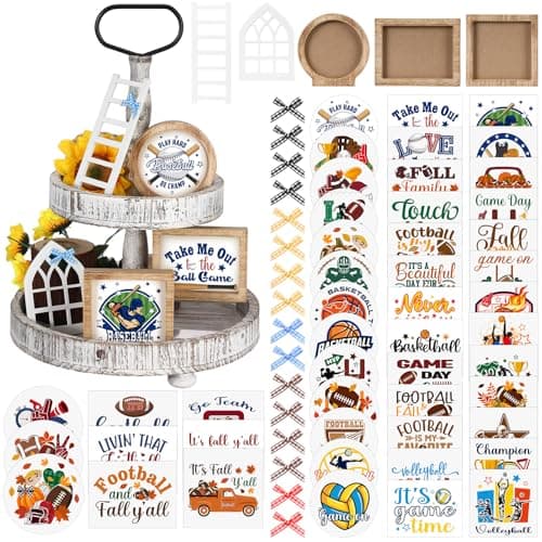 48 Pcs Interchangeable Seasonal Tiered Tray Decor Set Farmhouse Spring Easter Tiered Decorations Include Wood Frames with Ladders Cards Bow Knot Tray Not IncludedBright ColorSports