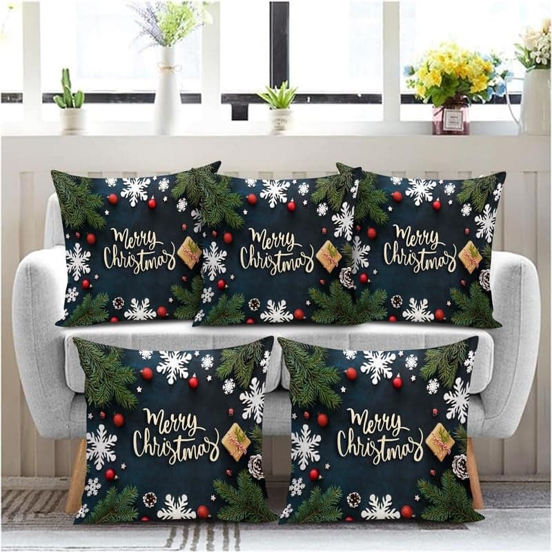BMRGIFTS Soft Fabric Designer Decorative Printed Merry Christmas Theme Cushion Cover Xmas Decorations for Sofa Living Room Set of 5 12 x 12 inch Multi (CHMCC95)
