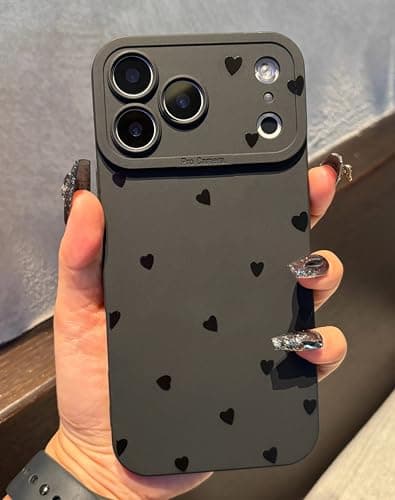 Jusnfu for iPhone 17 Pro Case 6.3 Inch 2025, Aesthetic Hearts Goth Phone Case for Women Girls Men, Slim Silicone Protective Phone Cover for iPhone 17 Pro, Black Hearts